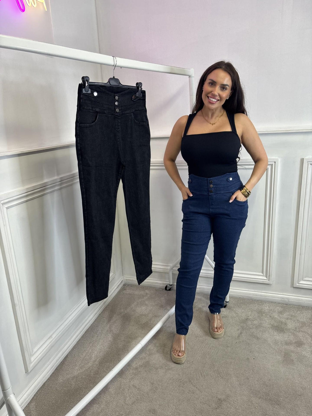 KMO DEBBIE high waisted denim jegging with button detail and back pockets - 28''